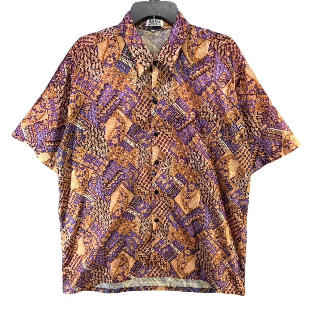 Vintage Thai Silk Button Down Shirt Mens XXL Purple Tan Abstract Paisley Resort